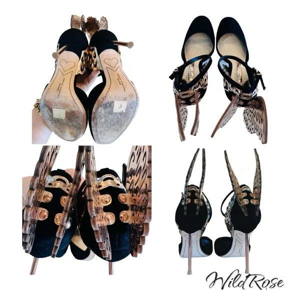 SOPHIA WEBSTER EVANGELINE D’ORSAY BLACK & ROSE GOLD BUTTERFLY WINGS PUMPS SZ 36